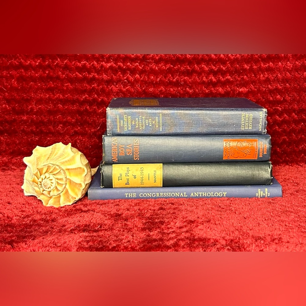 Vintage Stack of Four Old Books for Home Decor — dark blues, gold, red, cream